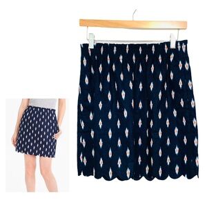 J Crew Ikat Printed Scalloped Sidewalk Skirt Size 4 Linen Blend Navy Blue